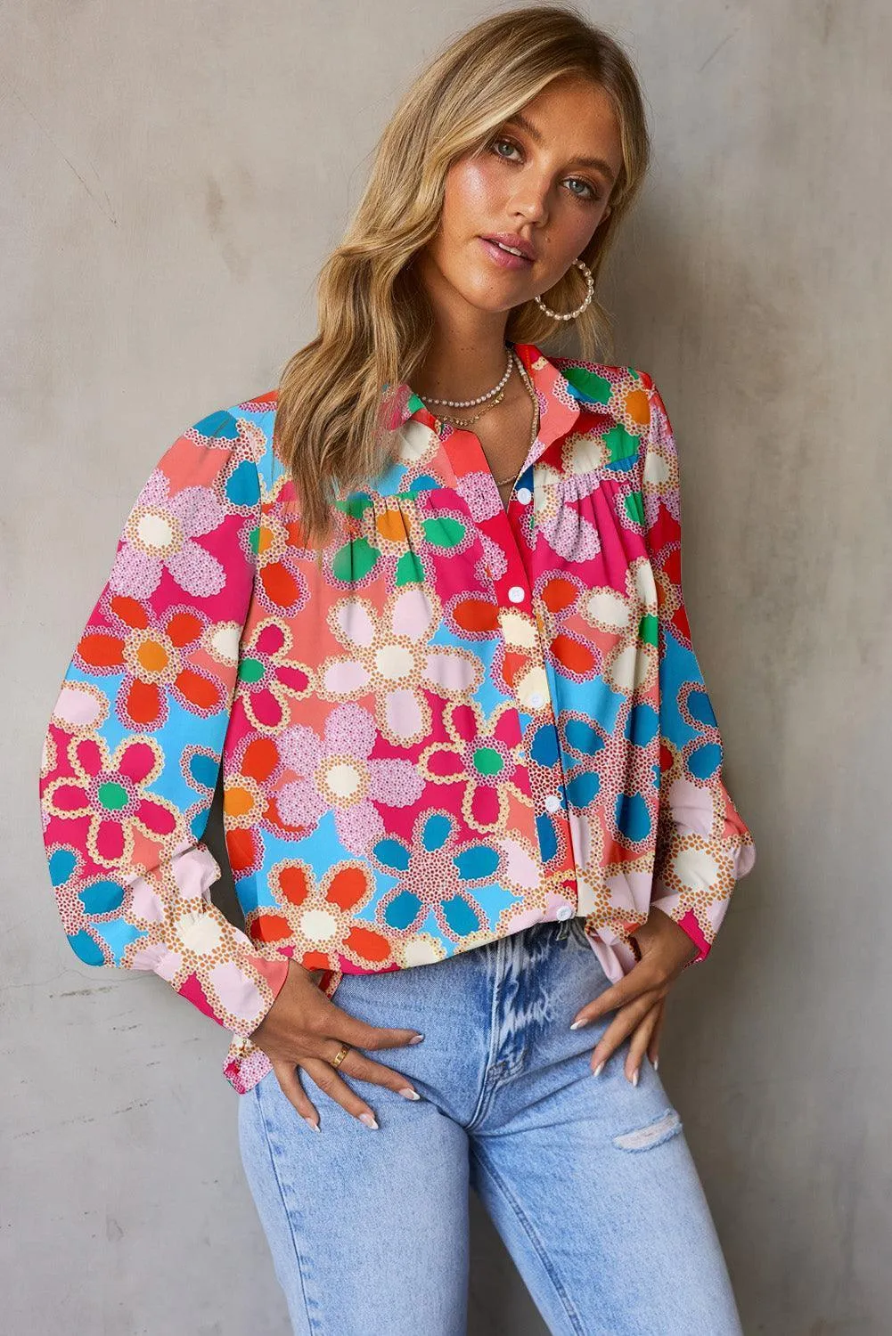 Essence Of Spring Buttoned Floral Long Sleeve Blouse