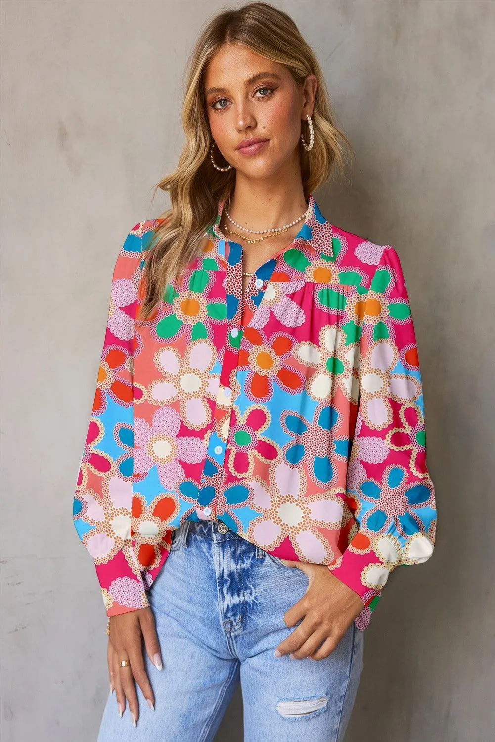 Essence Of Spring Buttoned Floral Long Sleeve Blouse