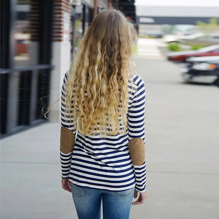 Fashion Long Sleeve Scoop Patchwork Stripe Blouse
