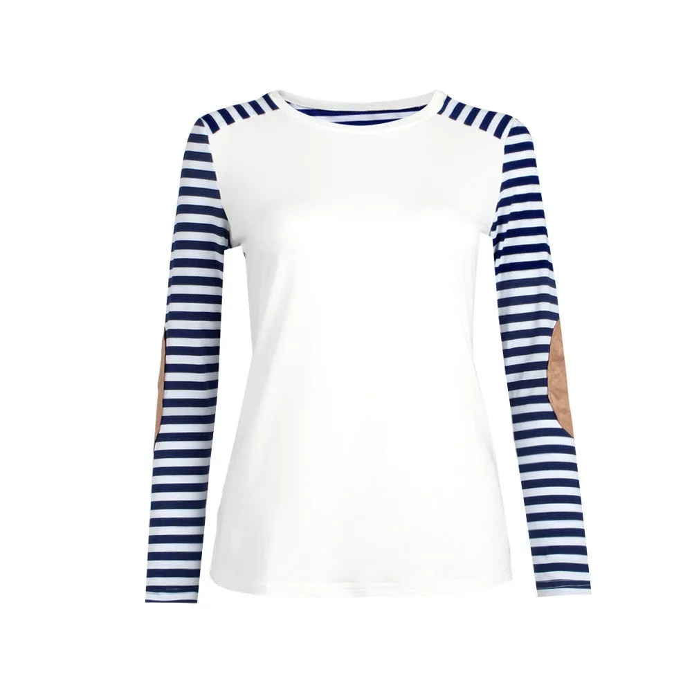 Fashion Long Sleeve Scoop Patchwork Stripe Blouse
