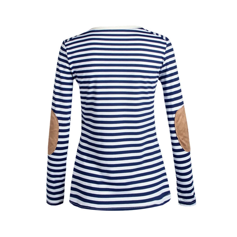 Fashion Long Sleeve Scoop Patchwork Stripe Blouse