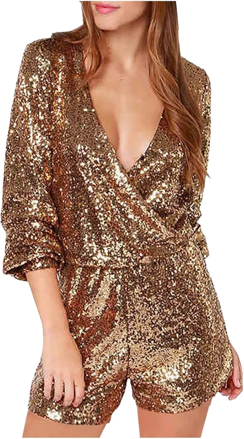 Firzero Women Sequin Romper 1 Piece Shiny Wrap Deep V Neck Shorts Jumpsuit Casual Long Sleeve Dance Outfits