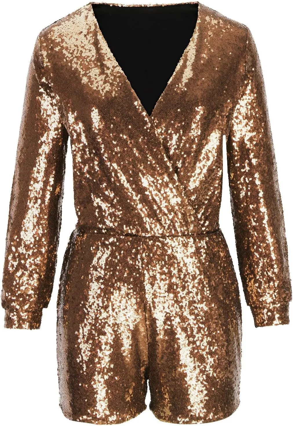 Firzero Women Sequin Romper 1 Piece Shiny Wrap Deep V Neck Shorts Jumpsuit Casual Long Sleeve Dance Outfits