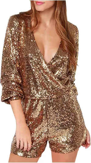 Firzero Women Sequin Romper 1 Piece Shiny Wrap Deep V Neck Shorts Jumpsuit Casual Long Sleeve Dance Outfits