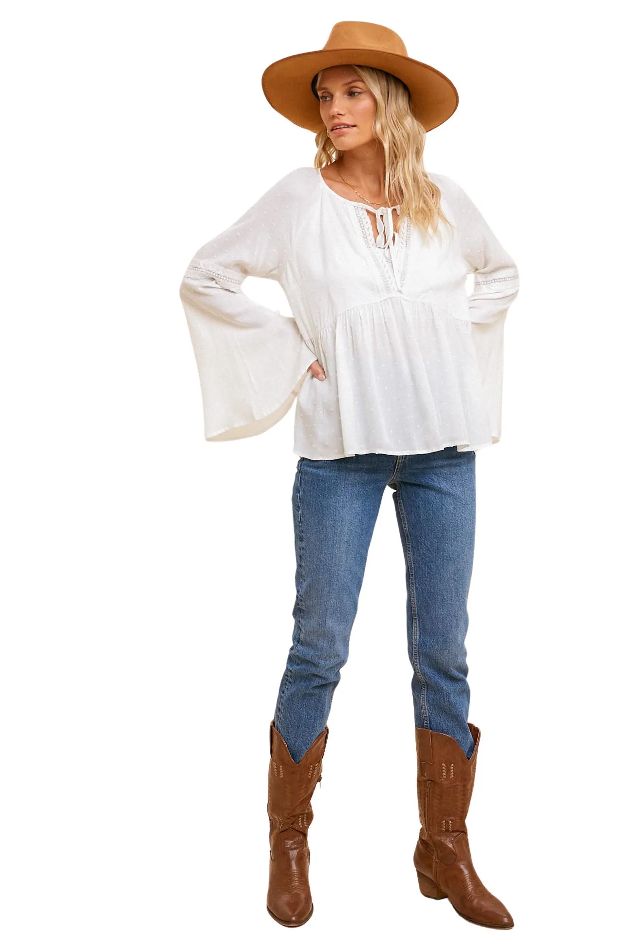 Flaired Sleeve Baby Doll Swing Top - White
