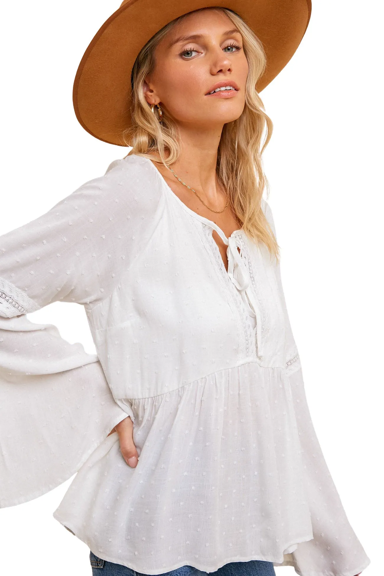 Flaired Sleeve Baby Doll Swing Top - White