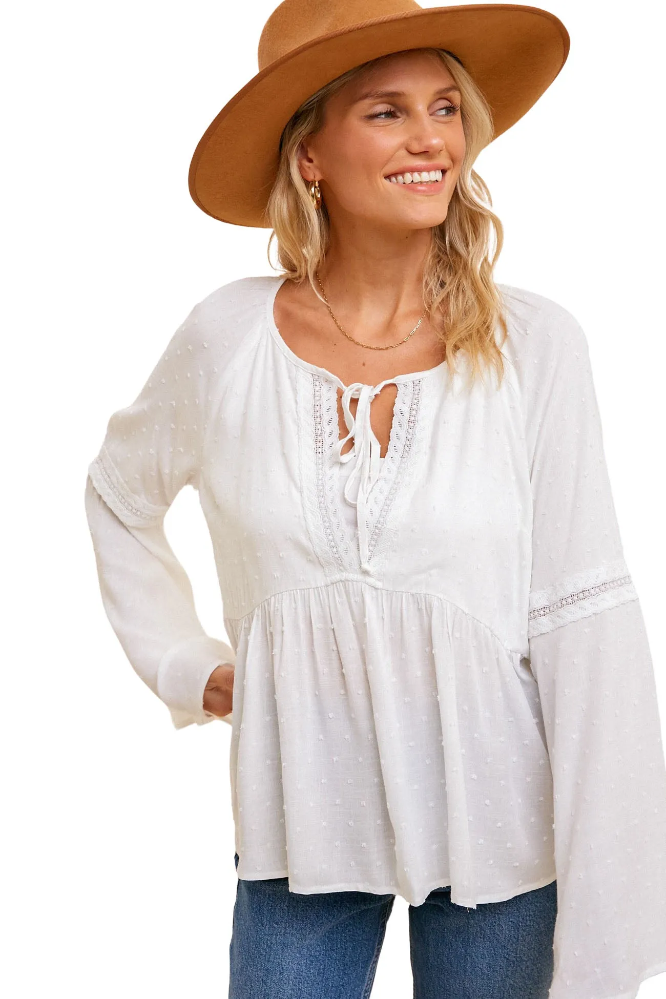 Flaired Sleeve Baby Doll Swing Top - White