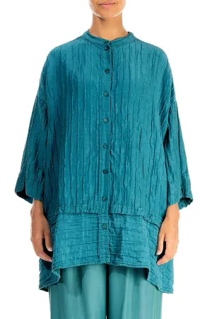 Flared Crinkled Turquoise Silk Shirt