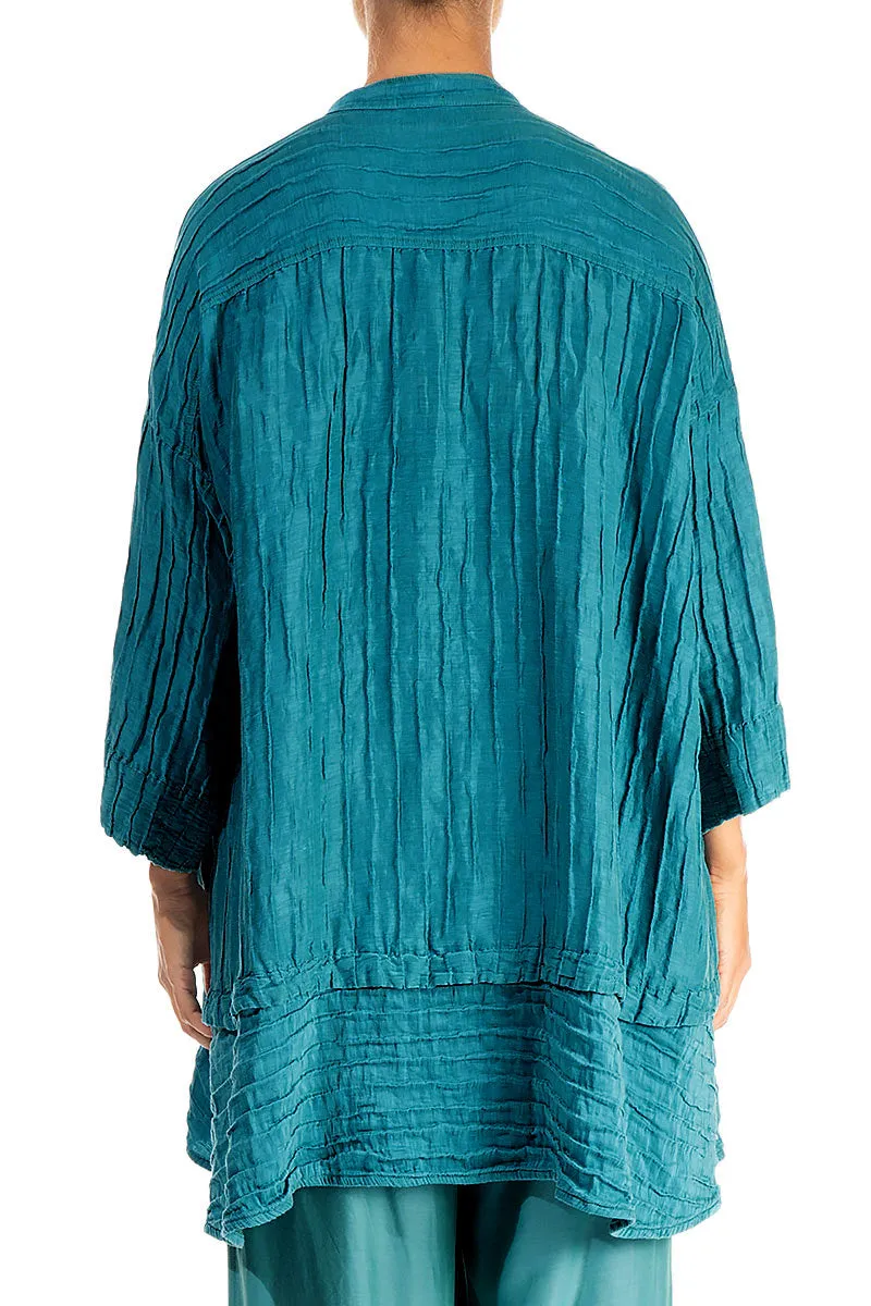 Flared Crinkled Turquoise Silk Shirt