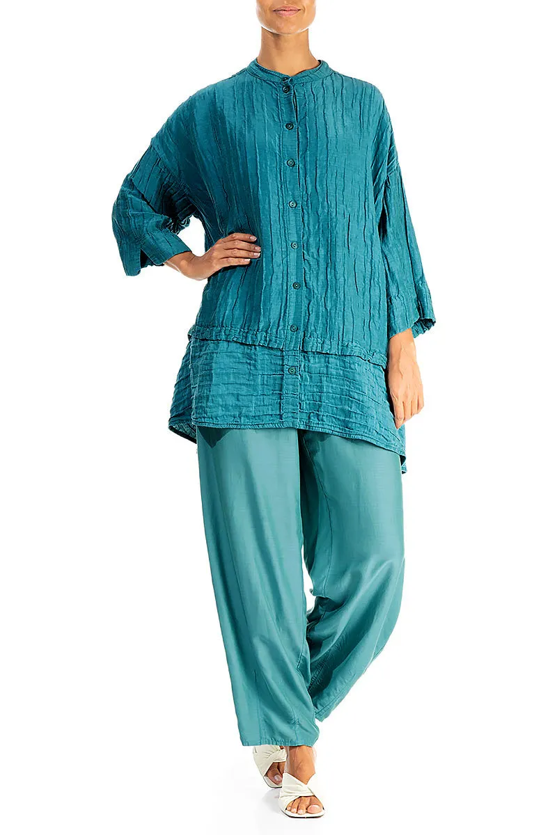 Flared Crinkled Turquoise Silk Shirt