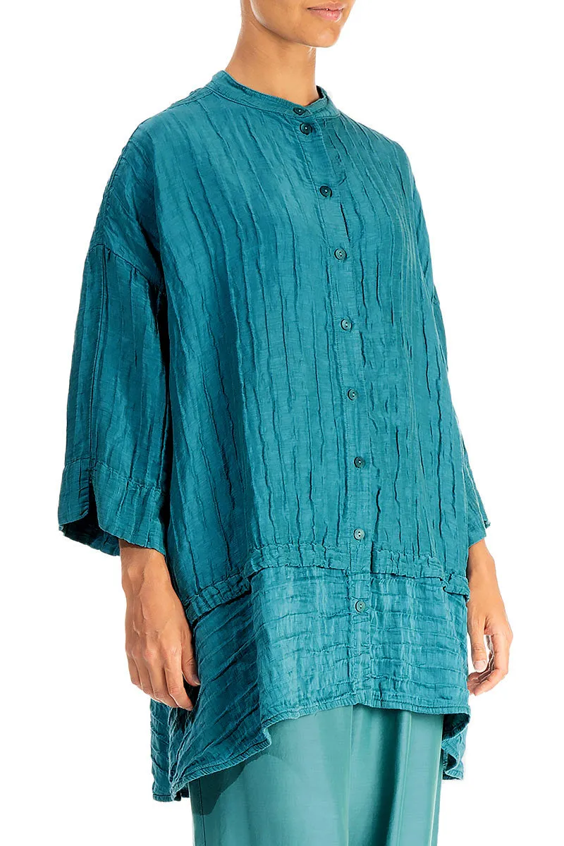 Flared Crinkled Turquoise Silk Shirt