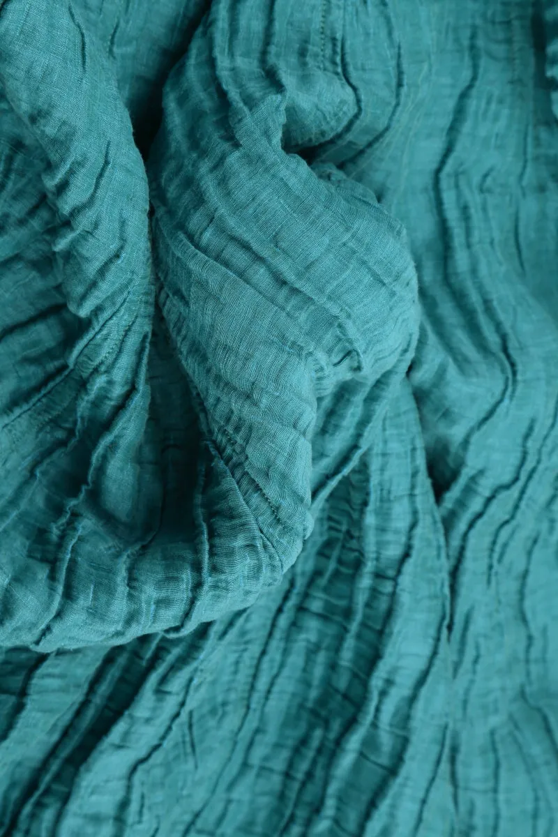 Flared Crinkled Turquoise Silk Shirt
