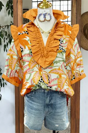 Fresh Leaf Print Flying Sleeves Pleated V-Neck Blouse