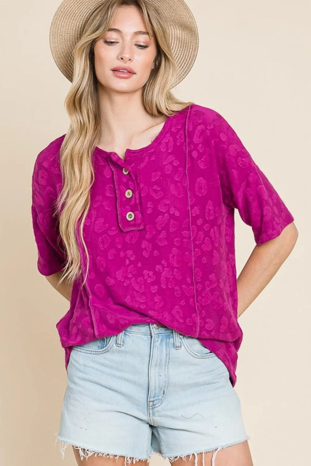 Fresh Start Buttoned Animal Textured Blouse