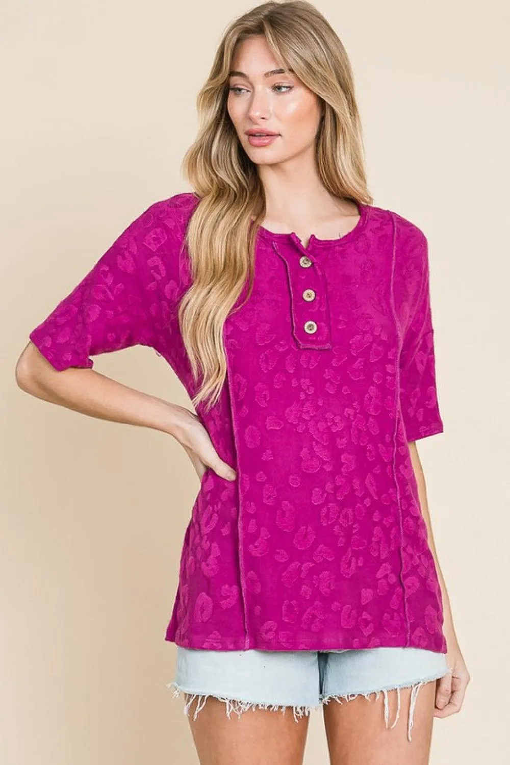 Fresh Start Buttoned Animal Textured Blouse