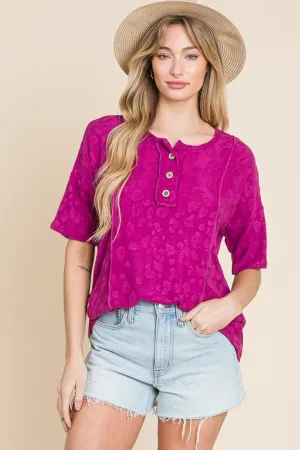 Fresh Start Buttoned Animal Textured Blouse
