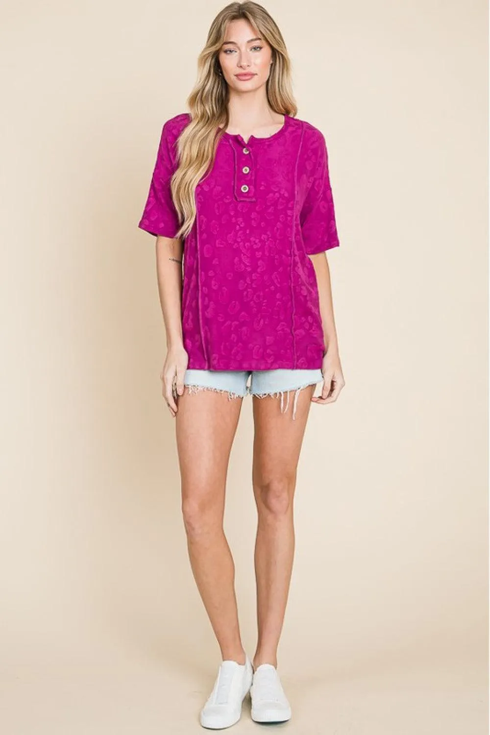 Fresh Start Buttoned Animal Textured Blouse