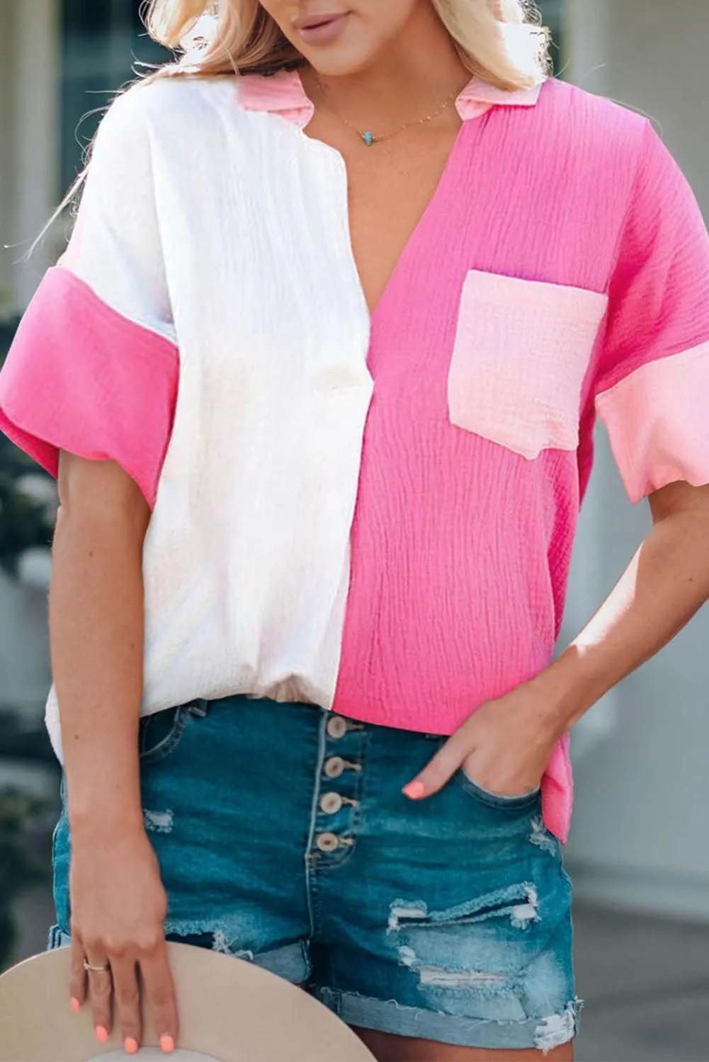 Fresh Textured Pink Color Block Blouse