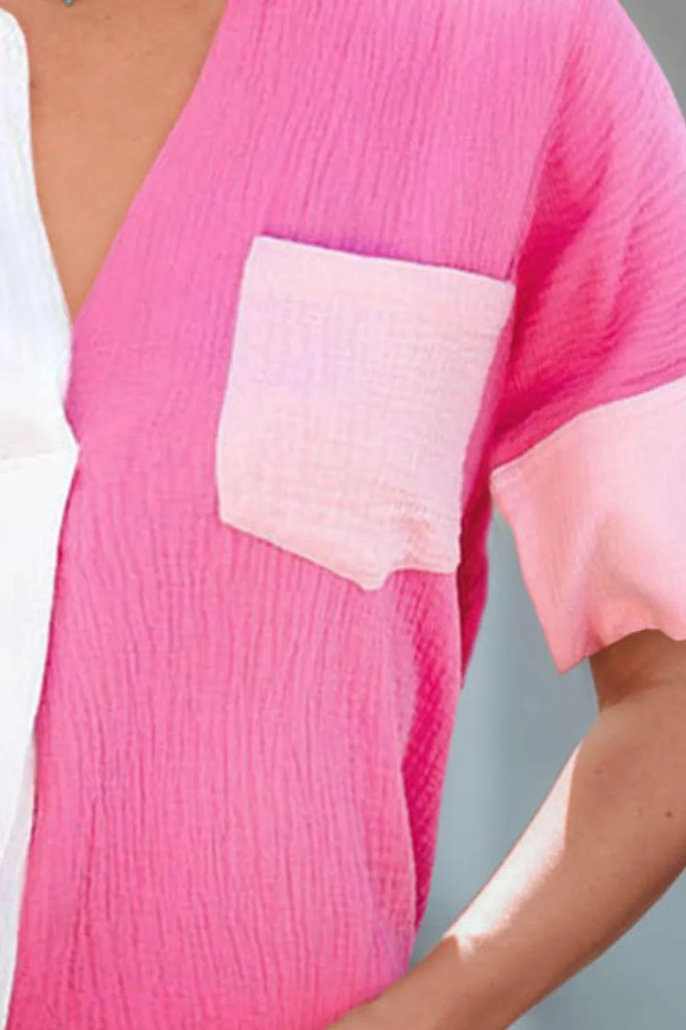 Fresh Textured Pink Color Block Blouse