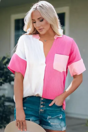 Fresh Textured Pink Color Block Blouse
