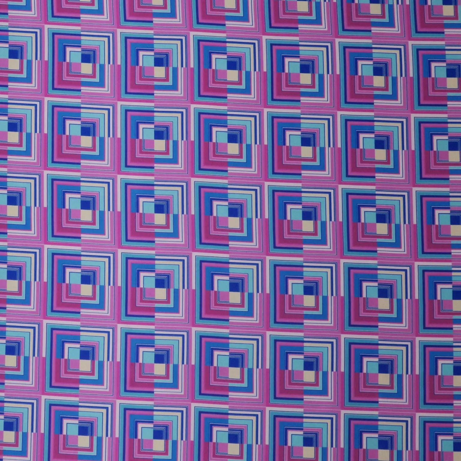 Fuchsia and Blue Modern Squares Printed Silk Charmeuse Fabric
