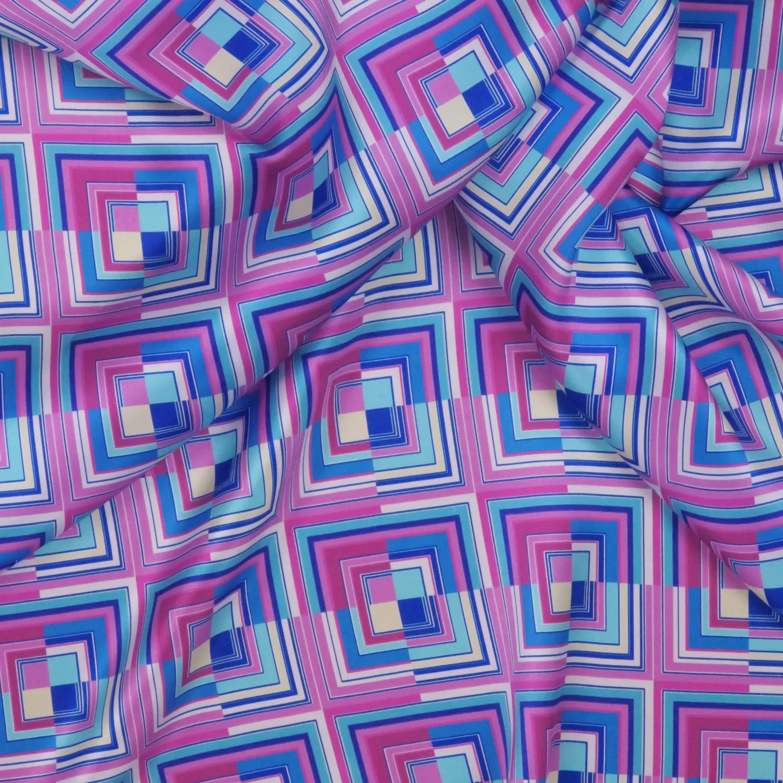 Fuchsia and Blue Modern Squares Printed Silk Charmeuse Fabric