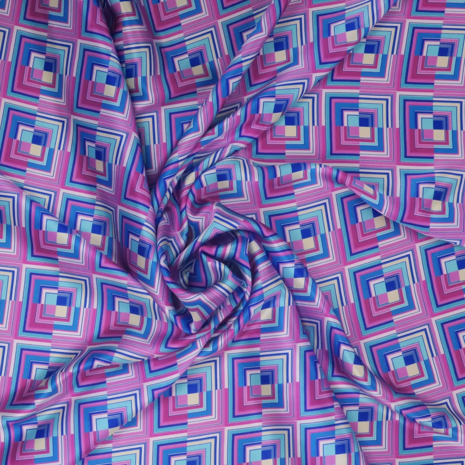 Fuchsia and Blue Modern Squares Printed Silk Charmeuse Fabric