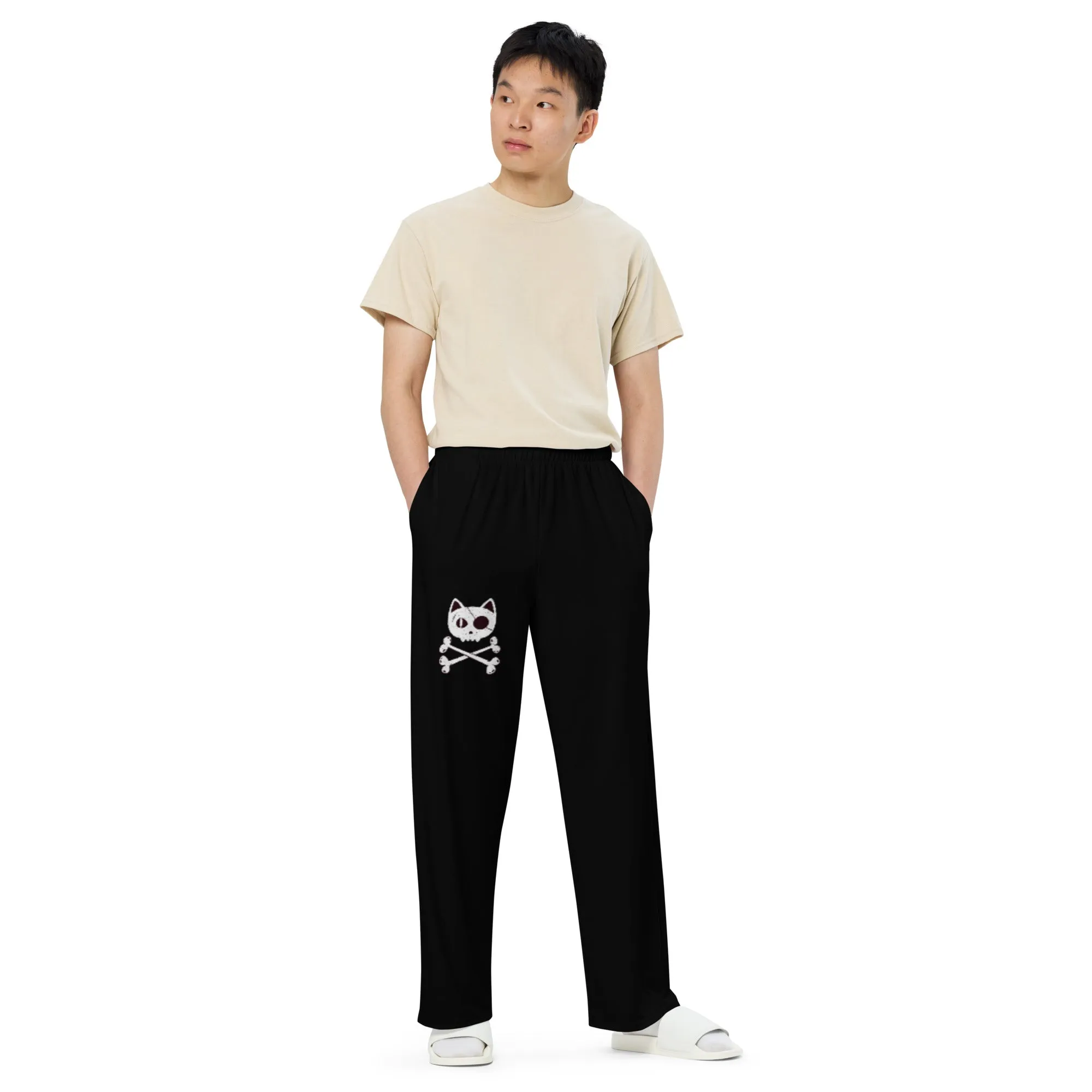 Funny Cat Skull & Crossbones All-over print black unisex wide-leg pants