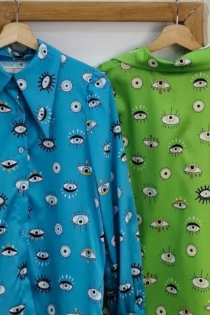 GREEN BLUE COTTON EVIL EYE SHIRT