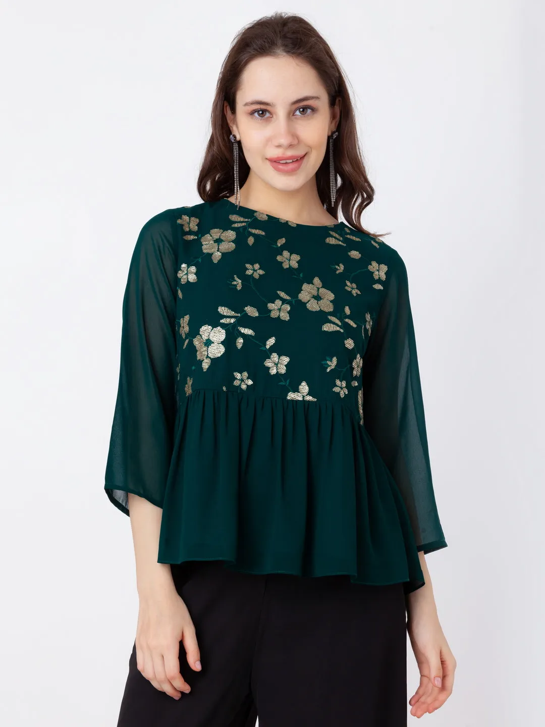 Green Embroidered Regular Top