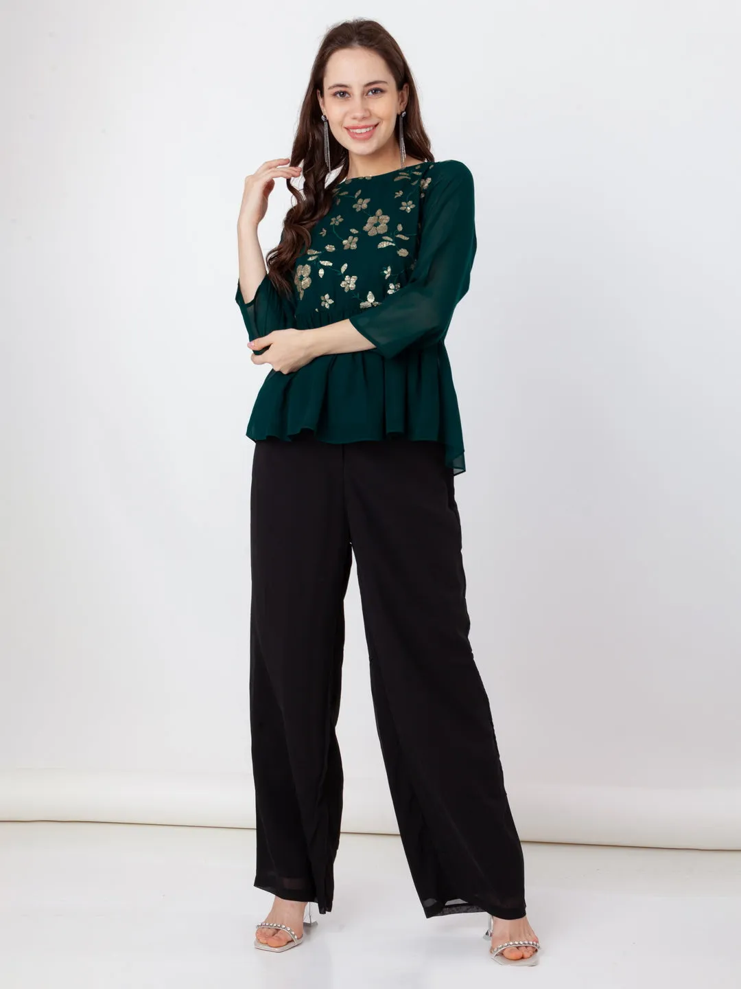 Green Embroidered Regular Top