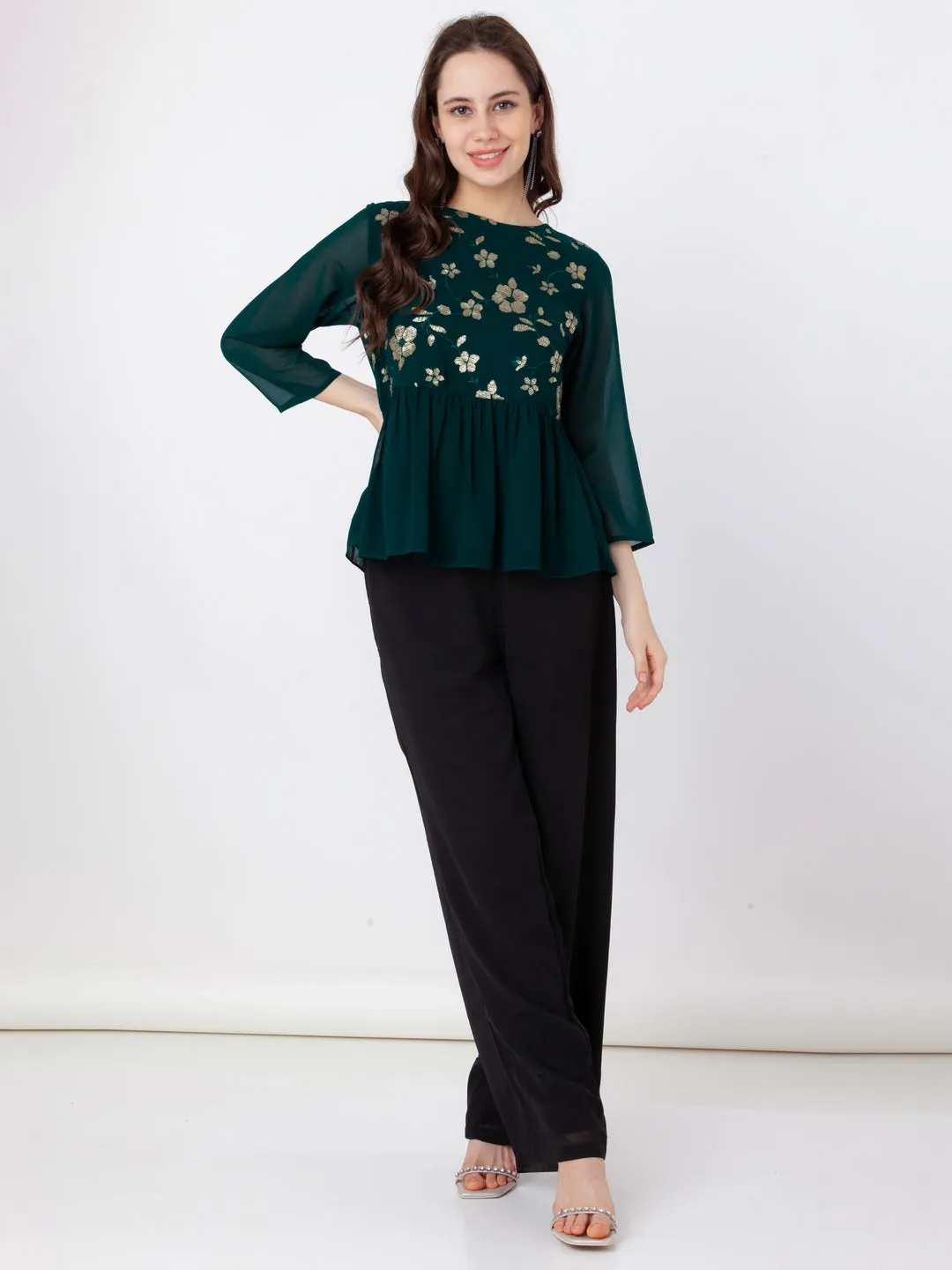 Green Embroidered Regular Top