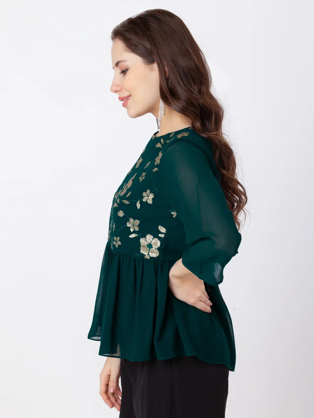 Green Embroidered Regular Top