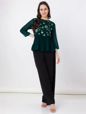 Green Embroidered Regular Top