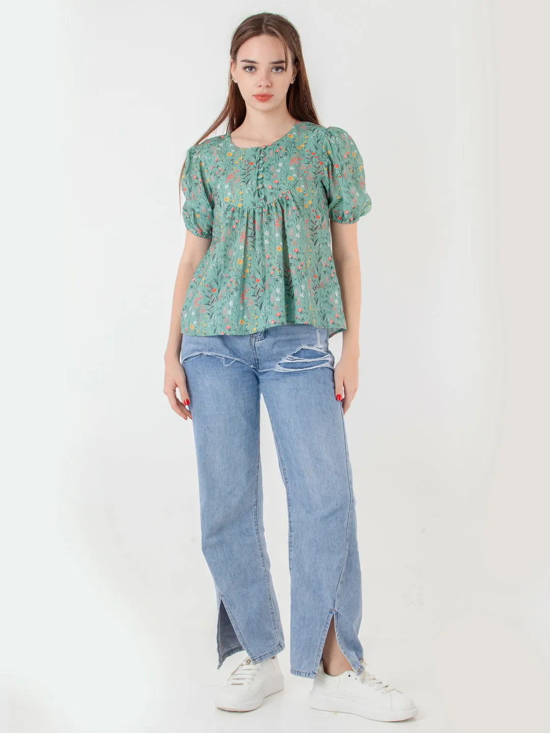 Green Printed A-Line Top