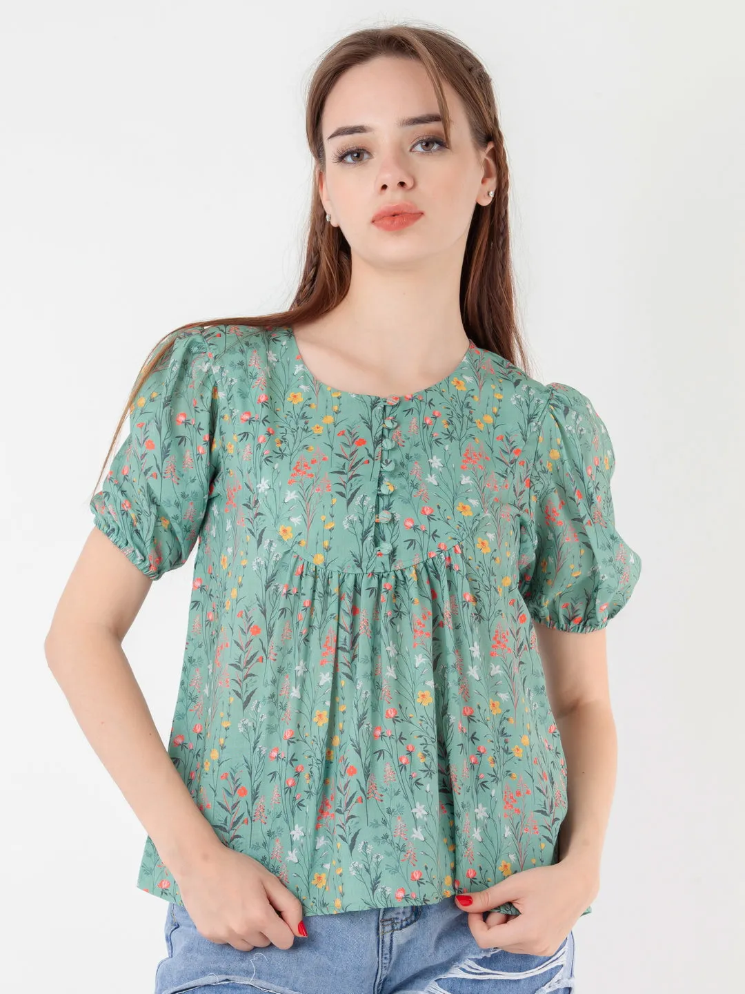 Green Printed A-Line Top