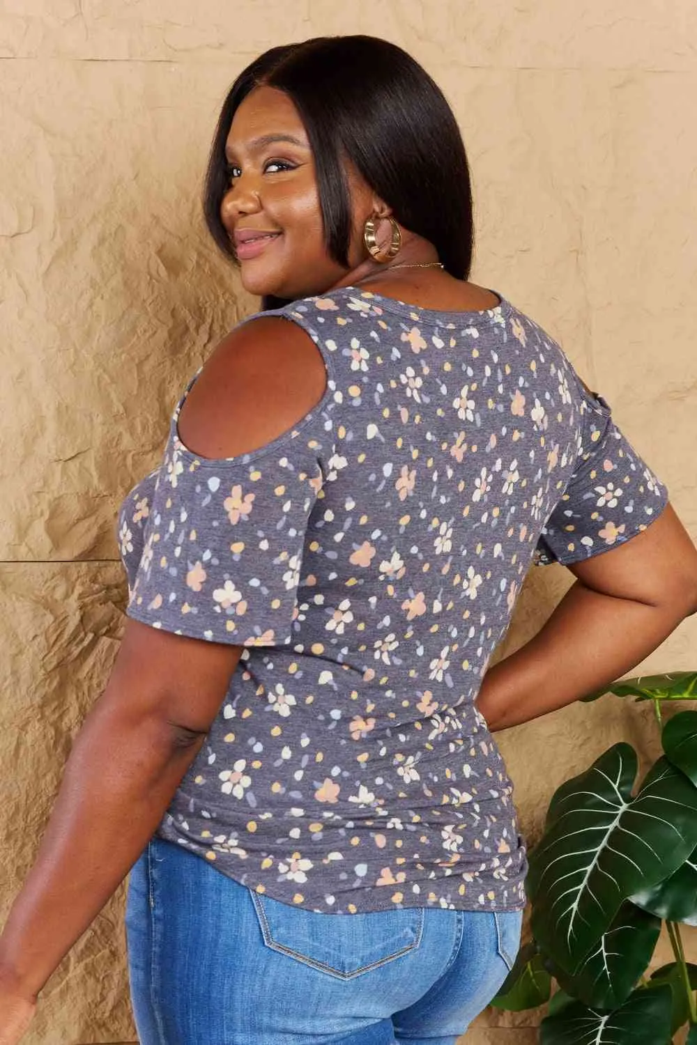 Heimish On My Own Full Size Cold Shoulder Keyhole Floral Print Top