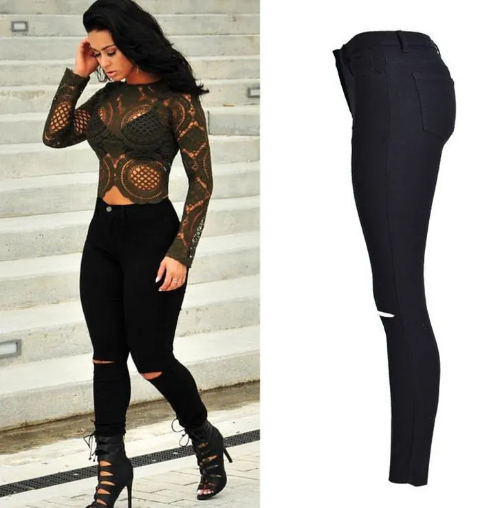 High Waist Elastic Slim Holes Stylish Jeans