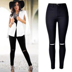 High Waist Elastic Slim Holes Stylish Jeans