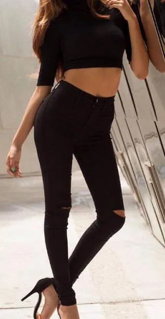 High Waist Elastic Slim Holes Stylish Jeans
