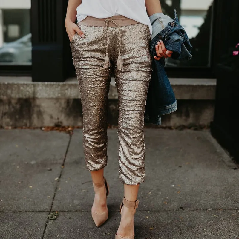 High Waist Elastic Waist Sequins Pants