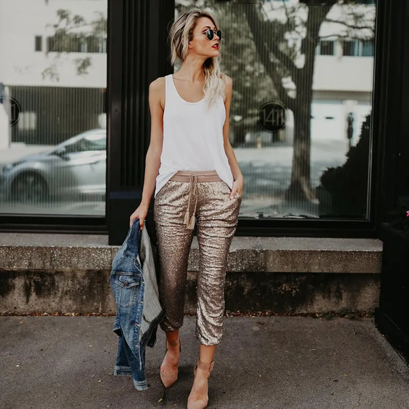 High Waist Elastic Waist Sequins Pants