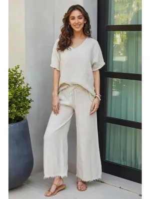 Italian Wide Leg Linen Fringe Hem Pant BEIGE