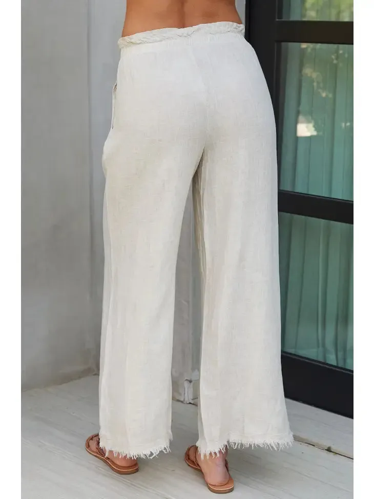 Italian Wide Leg Linen Fringe Hem Pant BEIGE