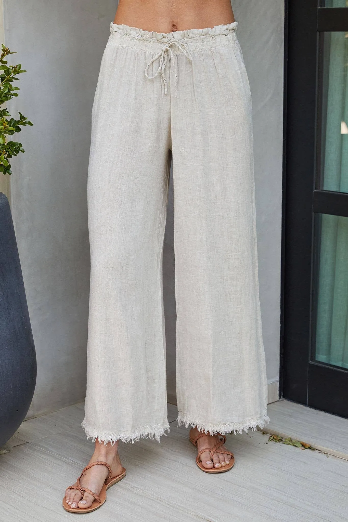 Italian Wide Leg Linen Fringe Hem Pant BEIGE