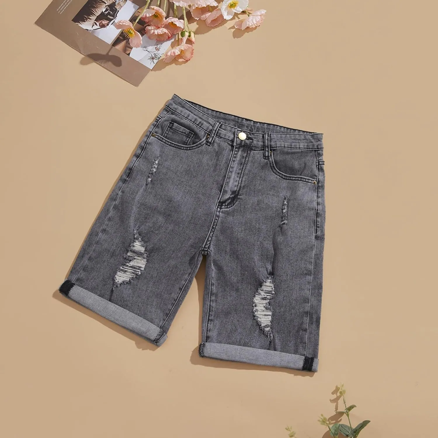 Jean Shorts for Women High Waisted Trendy Casual Summer Fold Hem Stretchy Baggy Long Knee Length Bermuda Denim Shorts