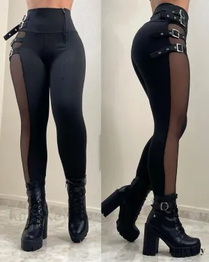 KatyKey - Buckled High Waist Mesh Patched Trousers - Stylish and Fashionable