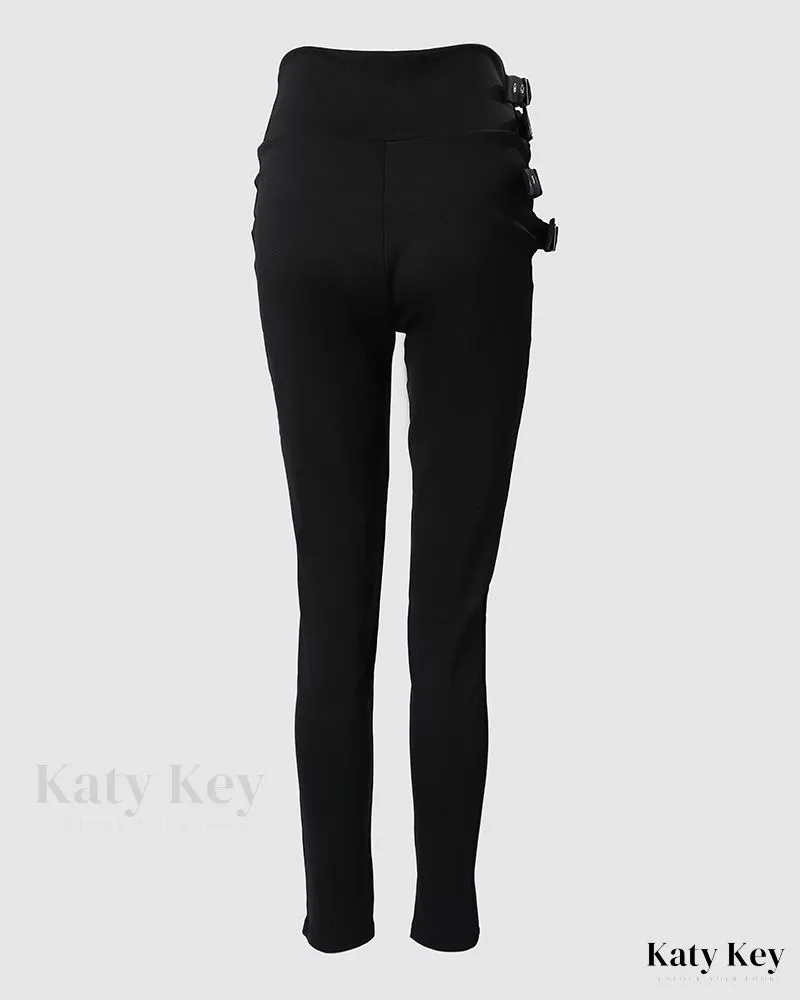 KatyKey - Buckled High Waist Mesh Patched Trousers - Stylish and Fashionable