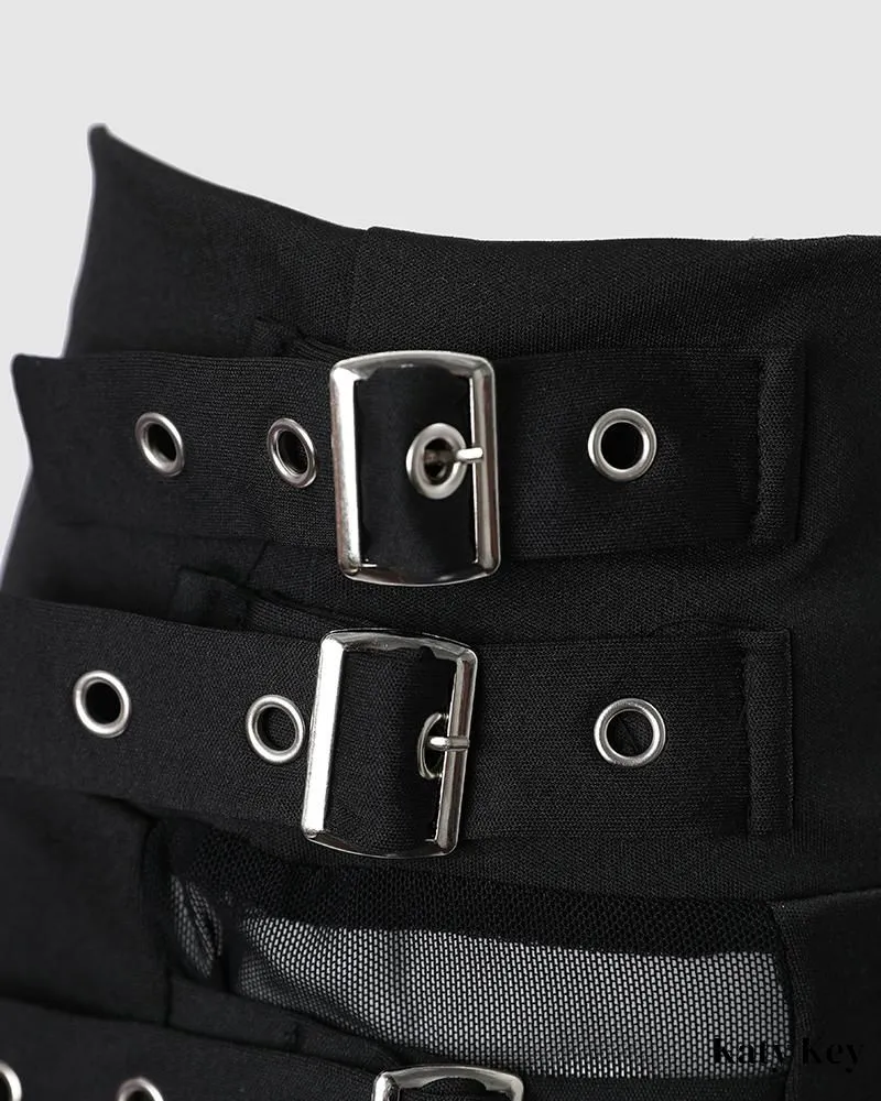 KatyKey - Buckled High Waist Mesh Patched Trousers - Stylish and Fashionable