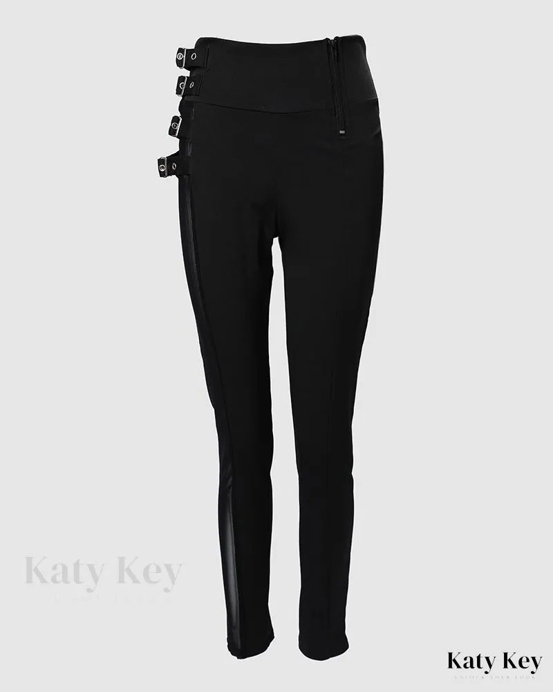 KatyKey - Buckled High Waist Mesh Patched Trousers - Stylish and Fashionable